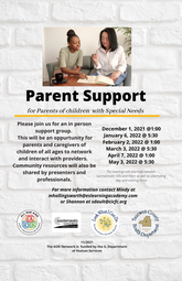 Image of Parent Support Flyer reads Parent support for parents of children with Special needs pleas join us for an in person support group.  This will be an opportunity for parents and caregivers of children of all ages to network. Community resources will also be shared by presenters and professionals. December 1, 2021 at 1:00 January 6, 2022 at 5:30 February 2, 2022 at 1:00 March 3, 2022 at 5:30 April 7, 2022 at 1:00 May  3, 2022 at 5:30 The meetings will alternate between Germantown Hills and Pekin as well as alternating day and evening times. For more information contact Mindy at mhollingsworth@eslearningacademy.com or Shannon at sdault@cicfc.org.